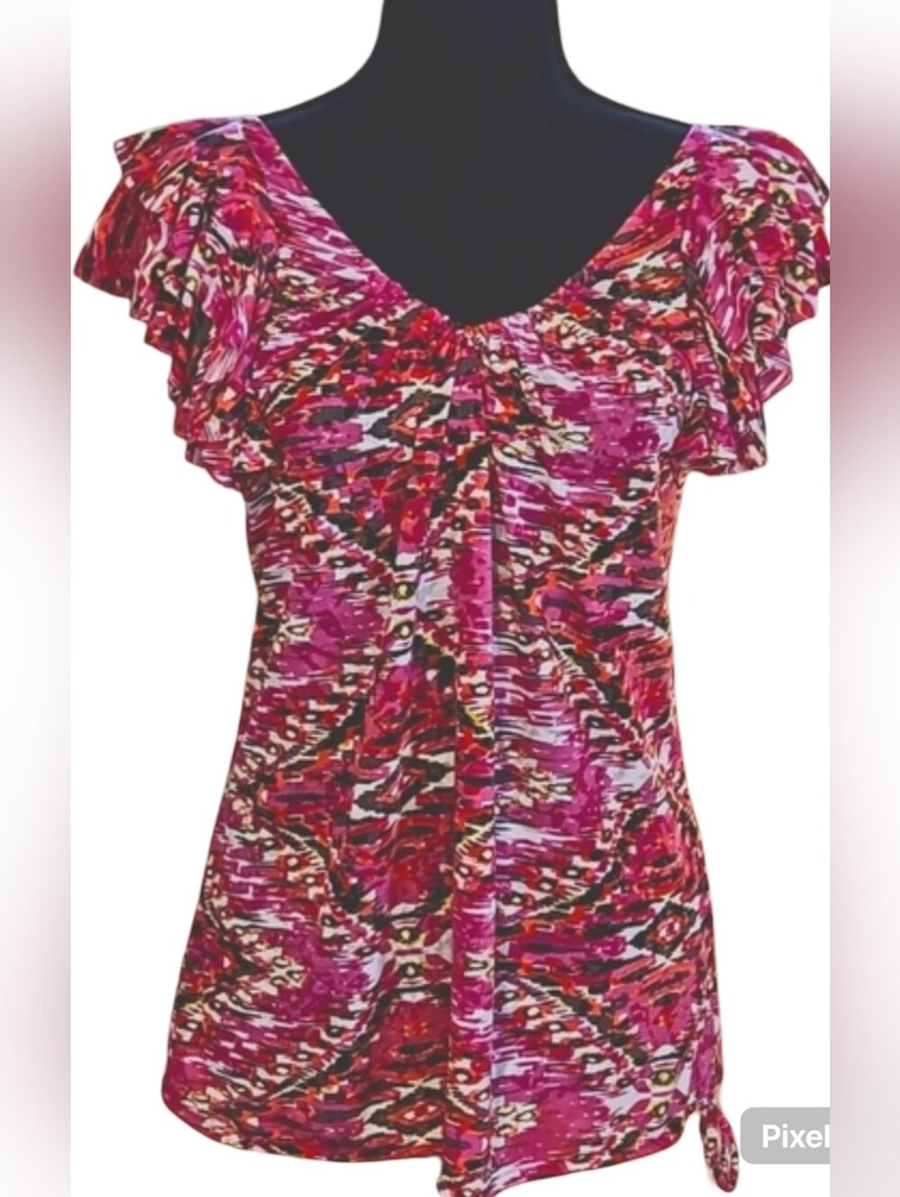 INC International Concepts Abstract Geometric Ruffle V-Neck Blouse Top Small.